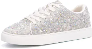 Suokdil Sparkle Rhinestone Sneakers for Women - Bling Fashion Bedazzled Platform Tennis Shoes - White Glitter Sequin Wedding and Party Shoe
