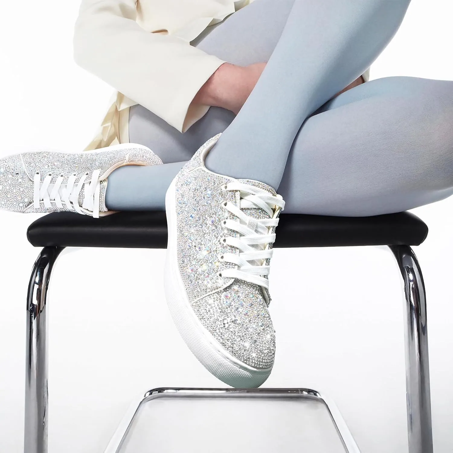 Suokdil Sparkle Rhinestone Sneakers for Women - Bling Fashion Bedazzled Platform Tennis Shoes - White Glitter Sequin Wedding and Party Shoe