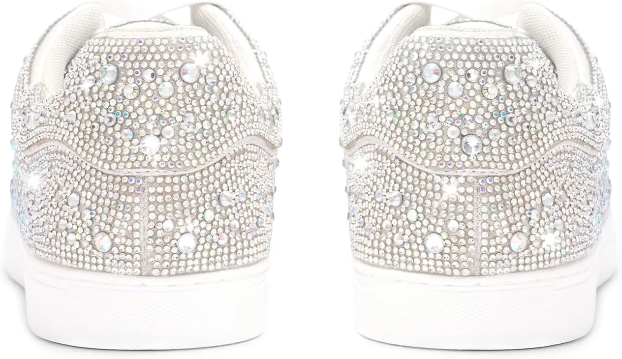 Suokdil Sparkle Rhinestone Sneakers for Women - Bling Fashion Bedazzled Platform Tennis Shoes - White Glitter Sequin Wedding and Party Shoe