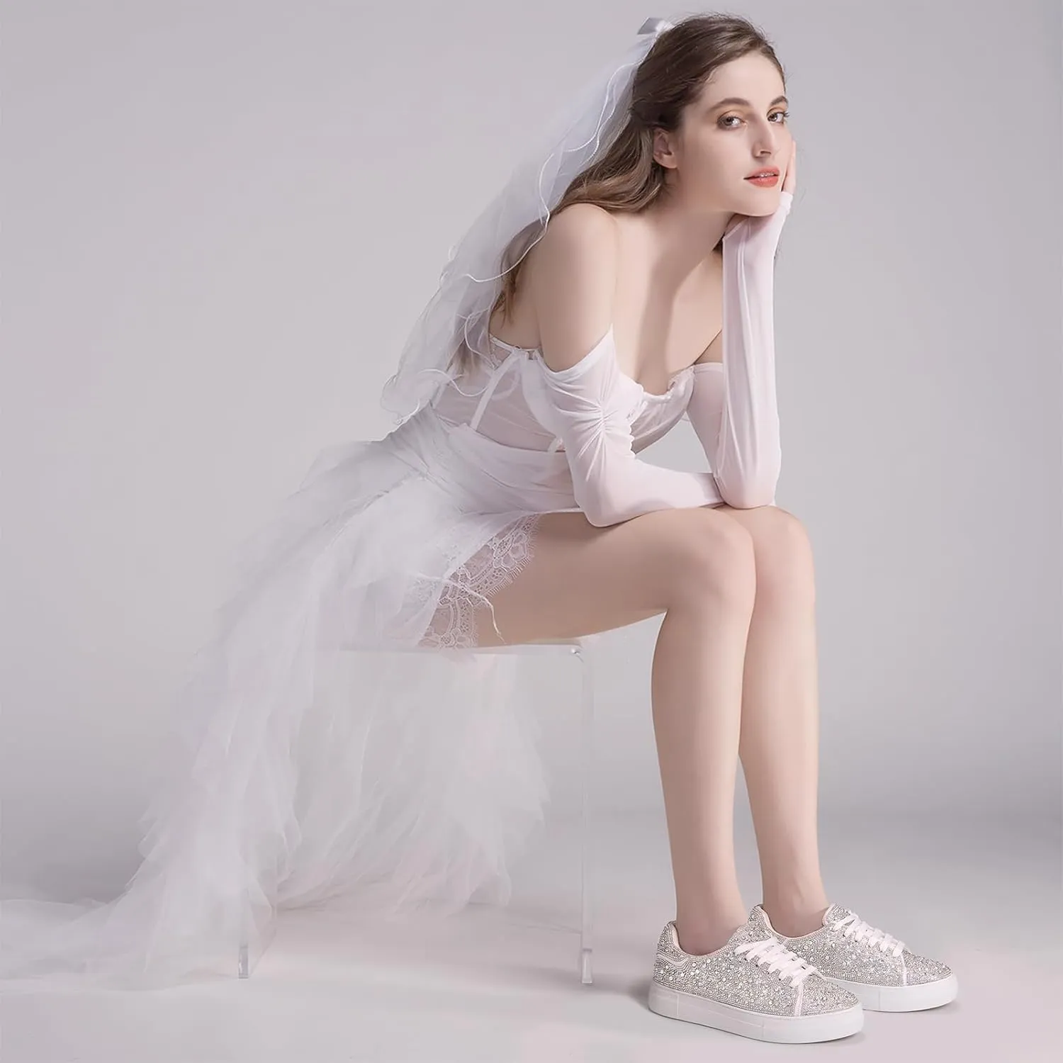 Suokdil Sparkle Rhinestone Sneakers for Women - Bling Fashion Bedazzled Platform Tennis Shoes - White Glitter Sequin Wedding and Party Shoe