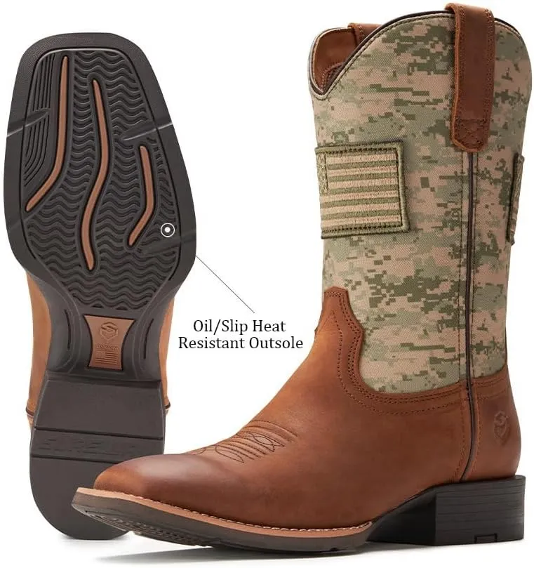 SUREWAY Cowboy Boots For Men - Mens Square Toe Western Boot With Flag,Oil/Slip Resistant,Durable Fashionable Classic Pull on 10 Inch Boots