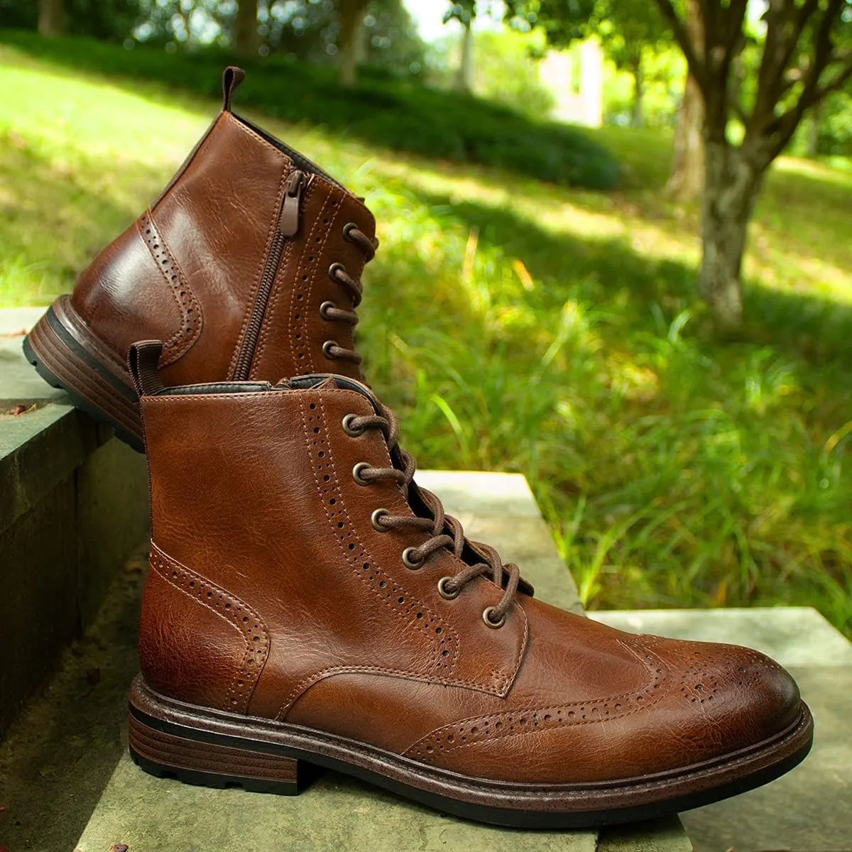 Temeshu Men's Wingtip Ankle Boot Side Zip Motorcycle Oxford Boots (with shoelaces) HH07