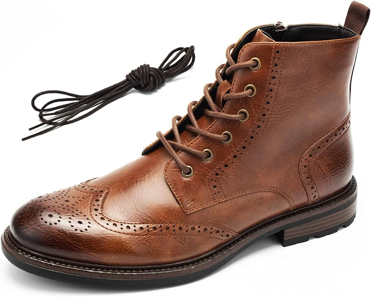 Temeshu Men's Wingtip Ankle Boot Side Zip Motorcycle Oxford Boots (with shoelaces) HH07