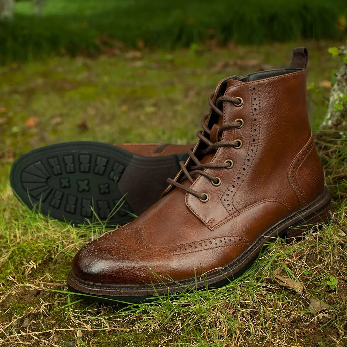 Temeshu Men's Wingtip Ankle Boot Side Zip Motorcycle Oxford Boots (with shoelaces) HH07