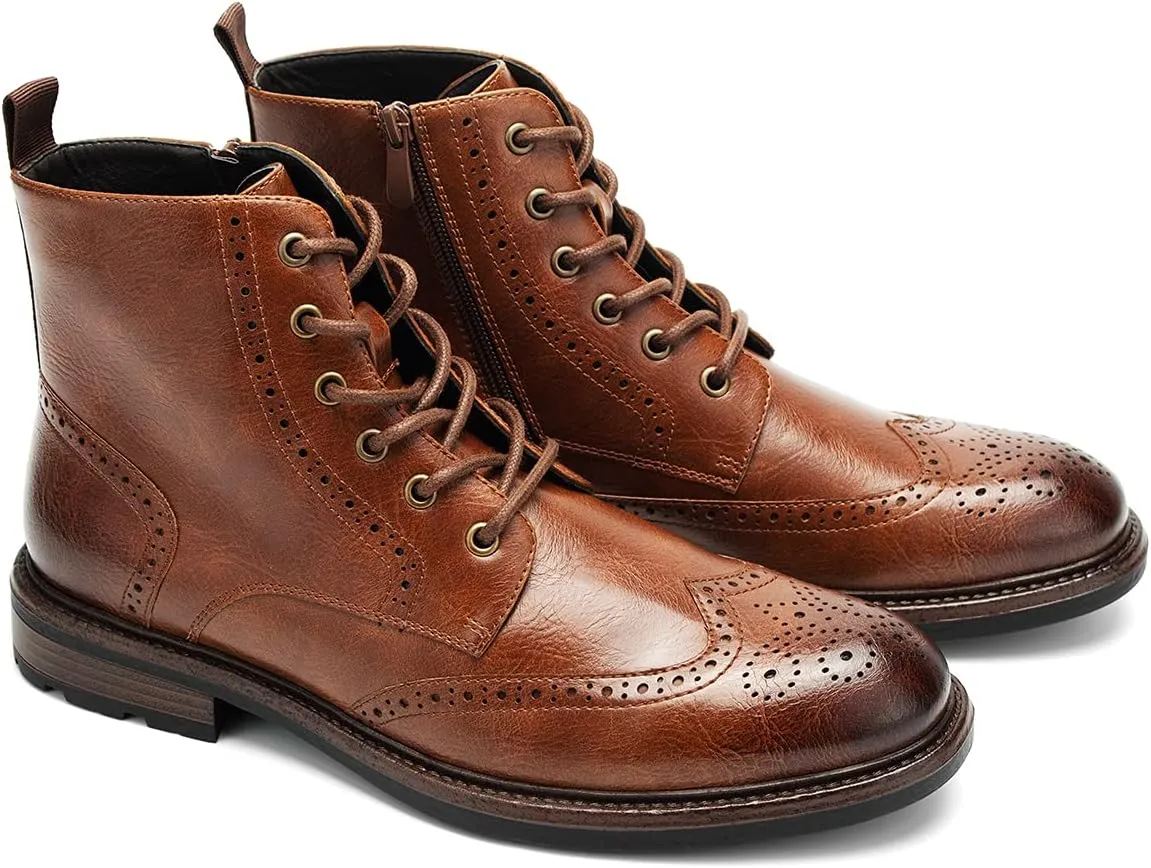 Temeshu Men's Wingtip Ankle Boot Side Zip Motorcycle Oxford Boots (with shoelaces) HH07