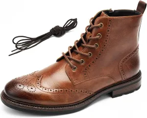 Temeshu Men's Wingtip Ankle Boot Side Zip Motorcycle Oxford Boots (with shoelaces) HH07