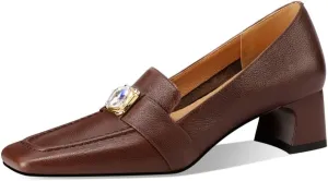 TinaCus Genuine Leather Women's Square Toe Handmade Low Chunky Heels Slip On Retro Loafers Shoes