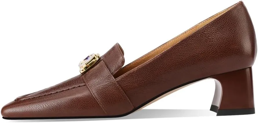 TinaCus Genuine Leather Women's Square Toe Handmade Low Chunky Heels Slip On Retro Loafers Shoes