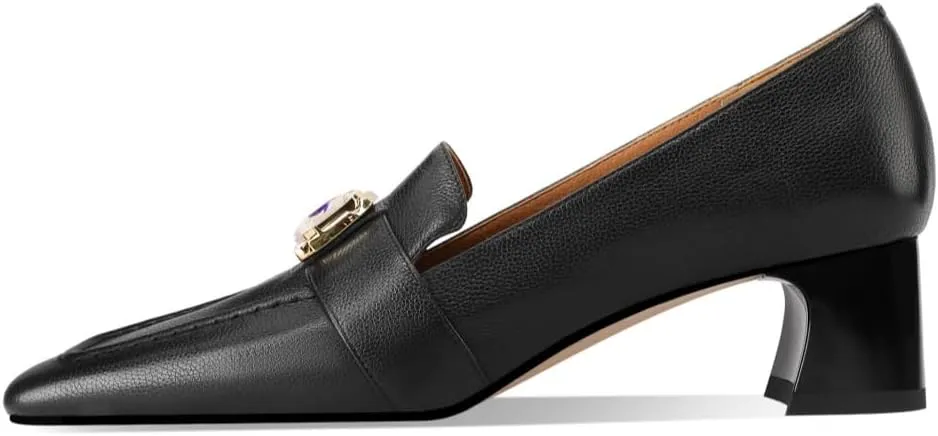 TinaCus Genuine Leather Women's Square Toe Handmade Low Chunky Heels Slip On Retro Loafers Shoes