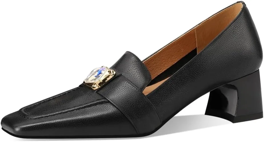 TinaCus Genuine Leather Women's Square Toe Handmade Low Chunky Heels Slip On Retro Loafers Shoes