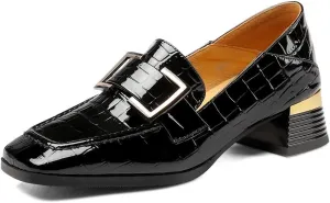 TinaCus Women's Patent Leather Square Toe Handmade Buckled Casual Loafers Shoes with Low Chunky Heels