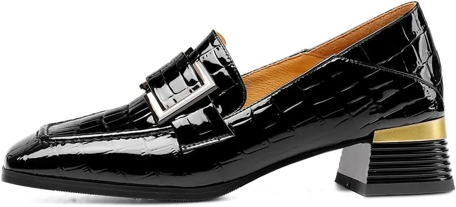 TinaCus Women's Patent Leather Square Toe Handmade Buckled Casual Loafers Shoes with Low Chunky Heels
