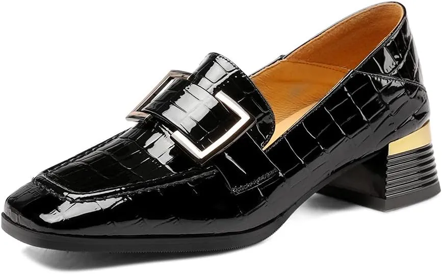 TinaCus Women's Patent Leather Square Toe Handmade Buckled Casual Loafers Shoes with Low Chunky Heels