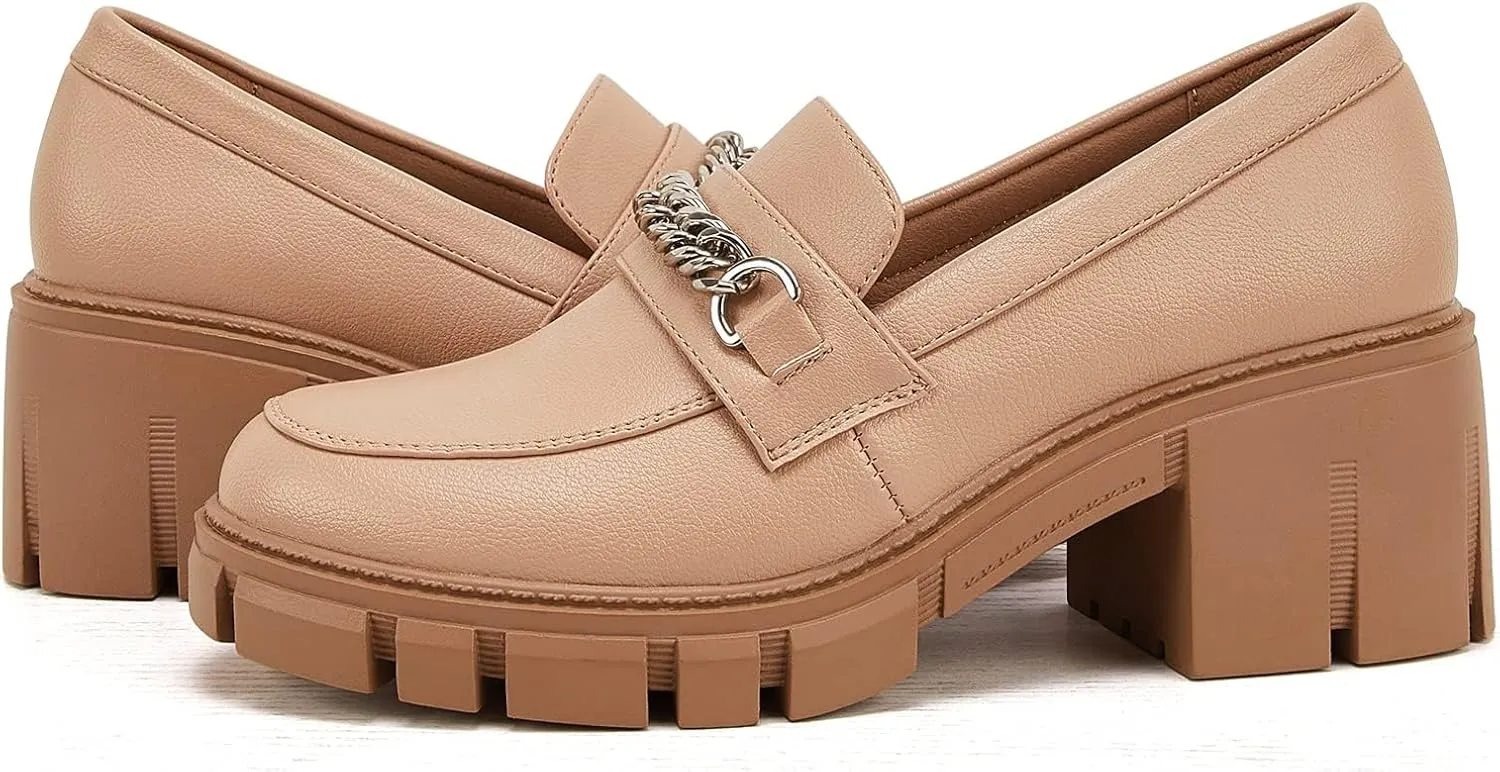TINSTREE Platform Loafers for Women with Chain Comfort Chunky Heel Slip On Round Toe Business Work Shoes