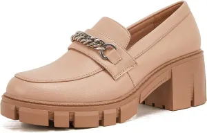 TINSTREE Platform Loafers for Women with Chain Comfort Chunky Heel Slip On Round Toe Business Work Shoes