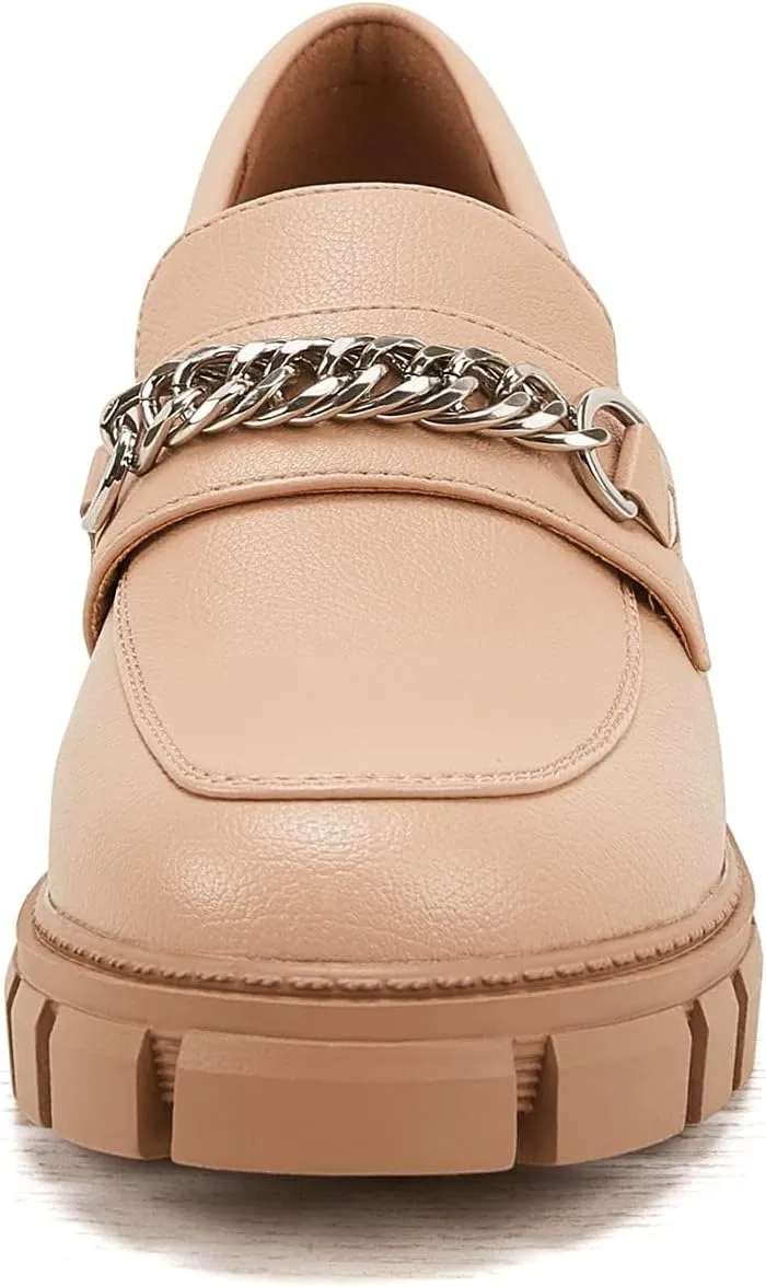 TINSTREE Platform Loafers for Women with Chain Comfort Chunky Heel Slip On Round Toe Business Work Shoes