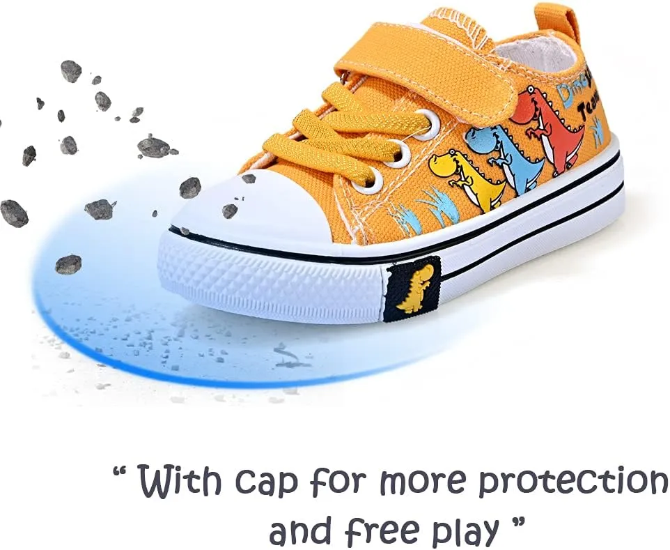 Toddler Boys Girls Slip On Canvas Sneakers Cartoon Dinasour Printed Little Kid Unisex Adjustable Strap Walking Shoes Lazy Shoes with Hook and Loops