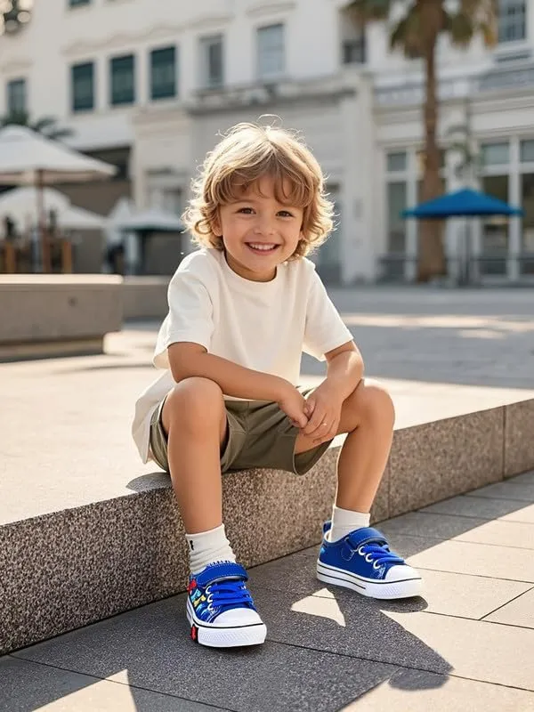 Toddler Boys Girls Slip On Canvas Sneakers Cartoon Dinasour Printed Little Kid Unisex Adjustable Strap Walking Shoes Lazy Shoes with Hook and Loops