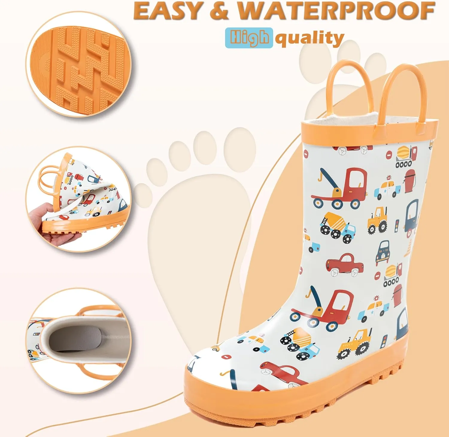 Toddler Rain Boots Waterproof Rubber Kids Rain Boots for Girls and Boys with Fun Patterns and Easy-On Handles