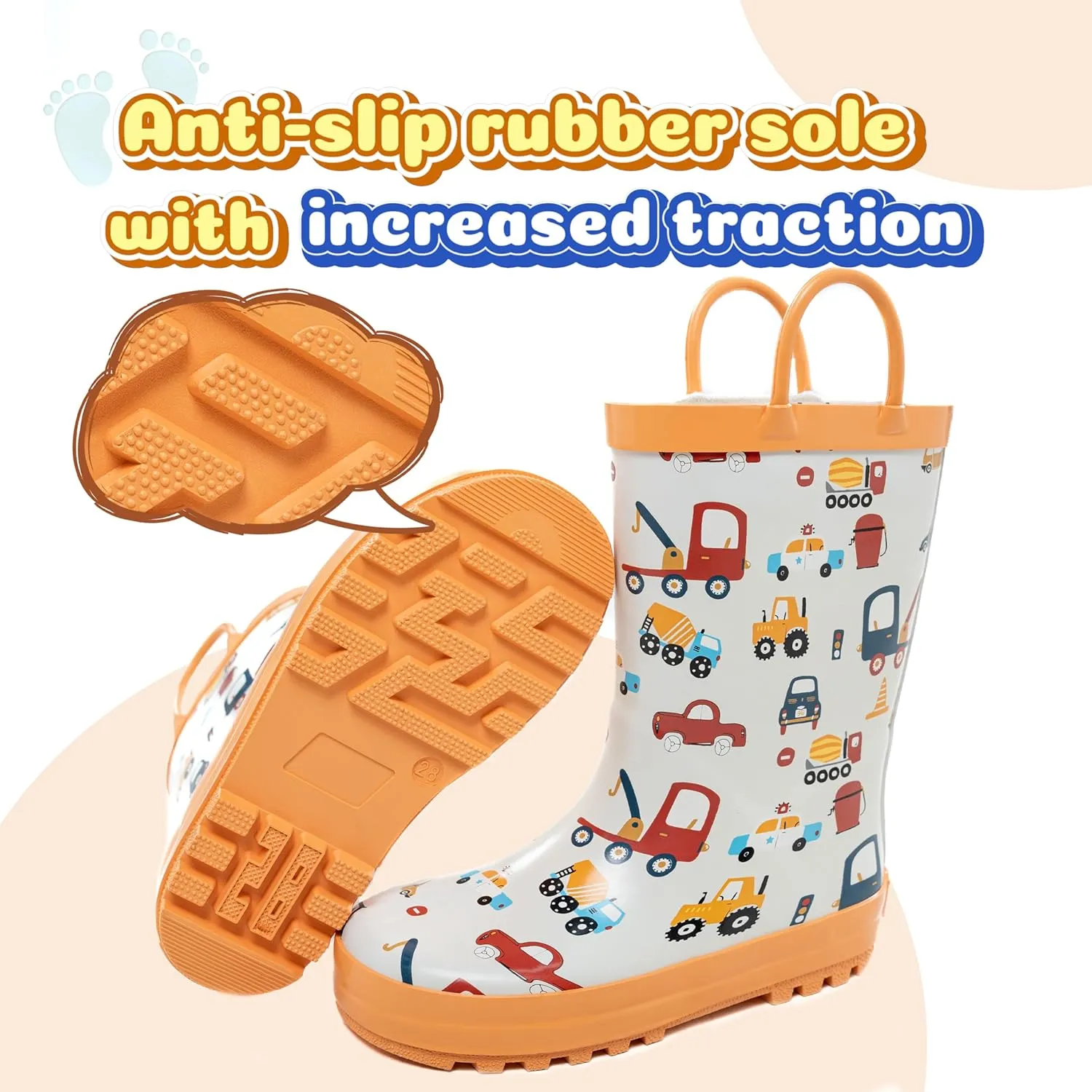 Toddler Rain Boots Waterproof Rubber Kids Rain Boots for Girls and Boys with Fun Patterns and Easy-On Handles