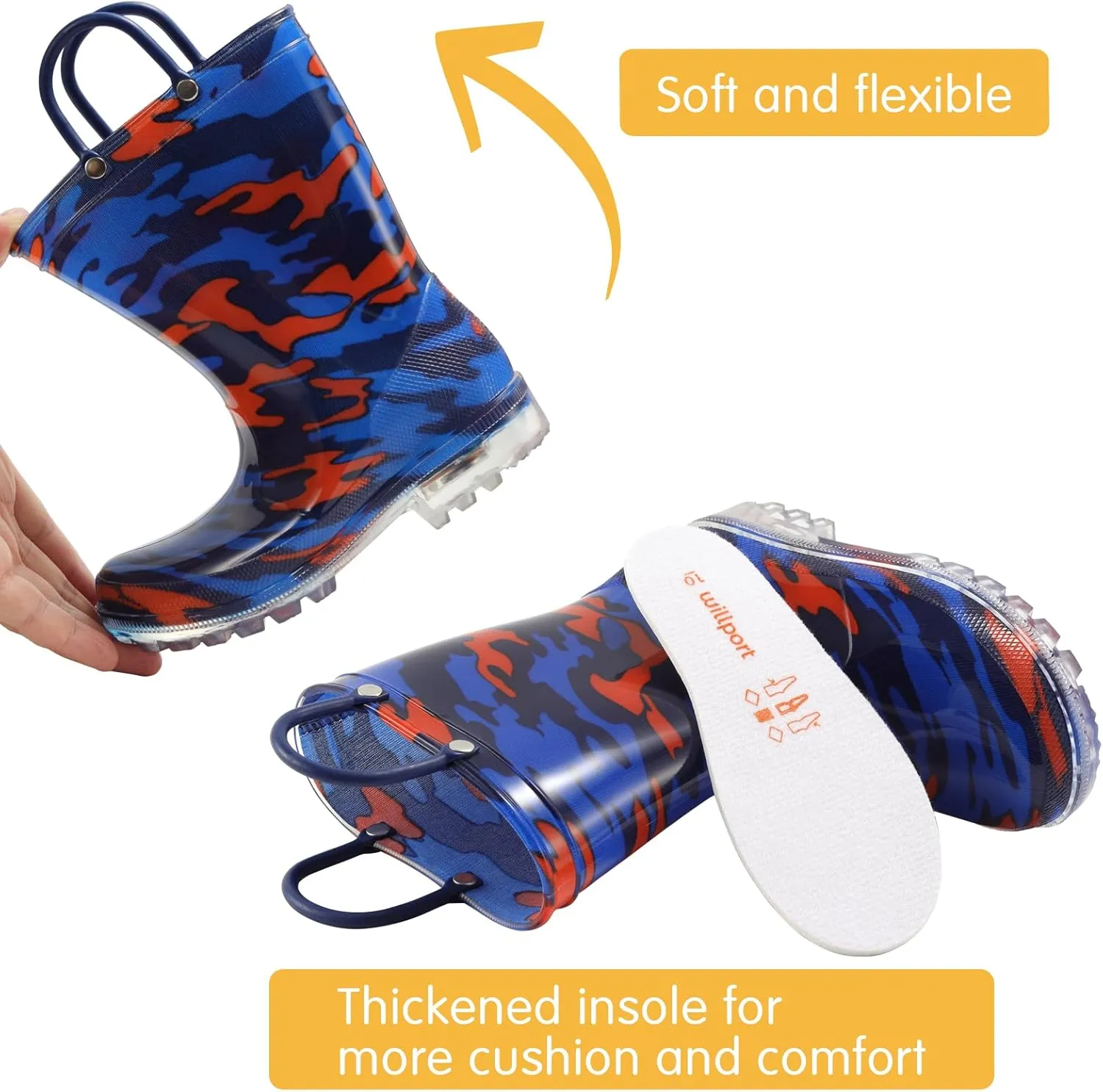 Toddler Rain Boots,Waterproof Light Up Kids Rain Boots with Easy-on Handles for Boys and Girls