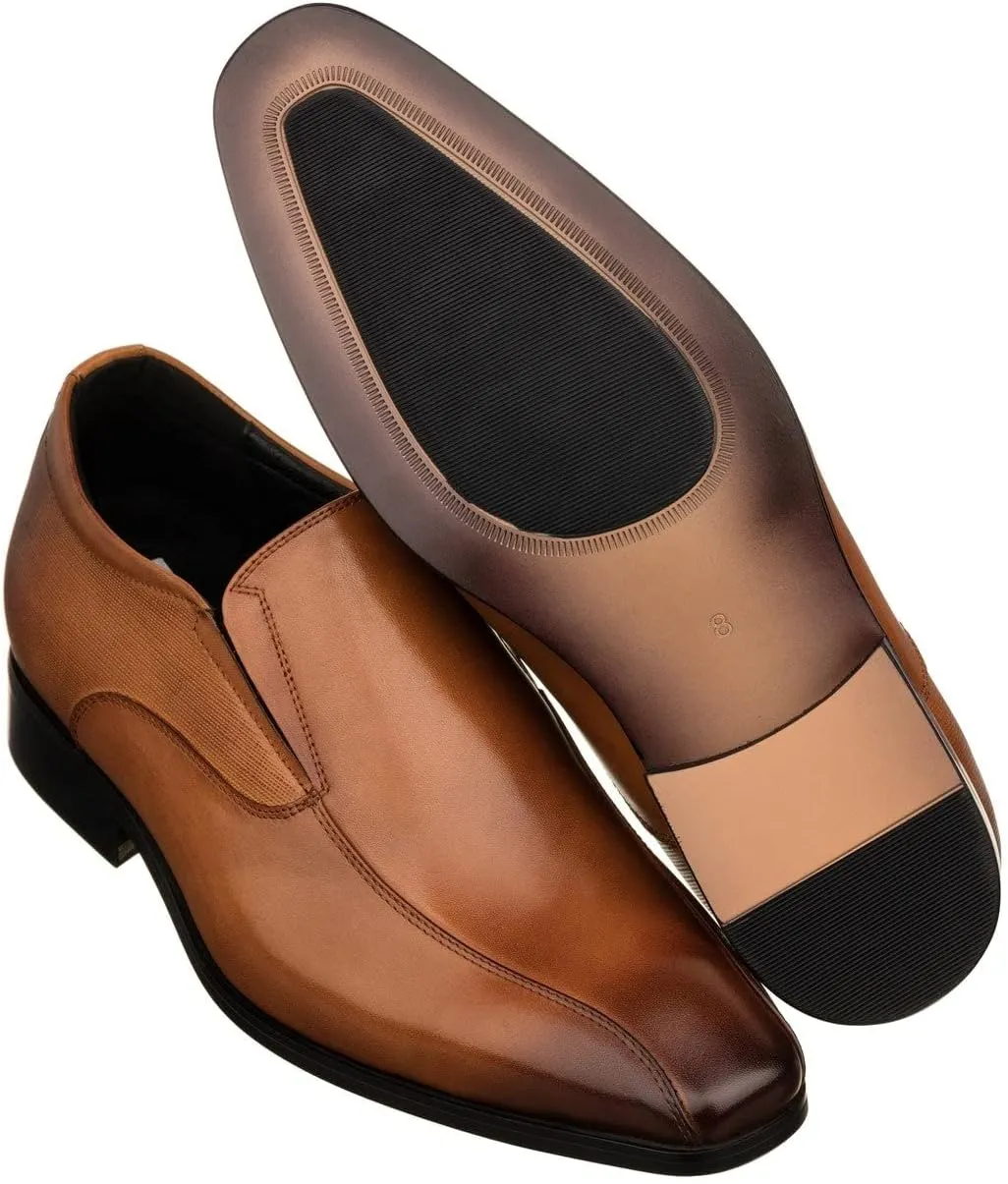 TOTO Men's Invisible Height Increasing Elevator Shoes - Brown Leather Slip-on Formal Dress Loafers- 2.2 Inches Taller - Y6362 - Size 12 D(M) US