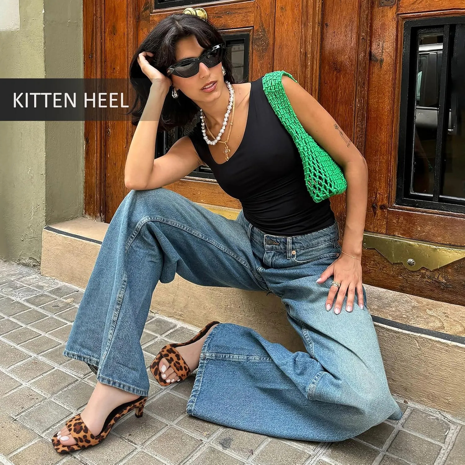 Uacllcau Womens Heeled Sandals Square Open Toe Kitten Heels for Women Slip on Comfort Short Low Heel Mules Pumps Casual Dress Shoes Summer