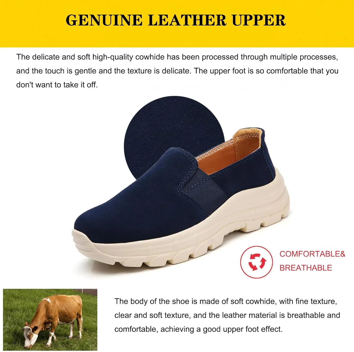 URLECHS Women's Leather Round Toe Platform Loafers Casual Fashion Slip On Low Top Sneakers Lightweight Comfortable Walking Shoes
