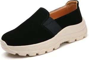 URLECHS Women's Leather Round Toe Platform Loafers Casual Fashion Slip On Low Top Sneakers Lightweight Comfortable Walking Shoes