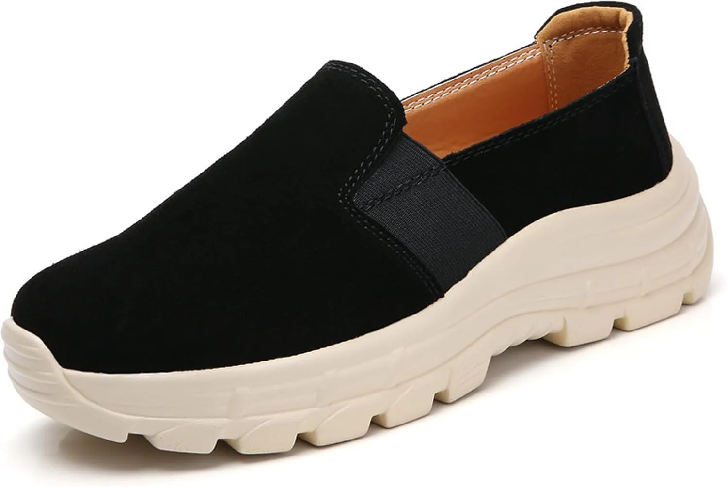 URLECHS Women's Leather Round Toe Platform Loafers Casual Fashion Slip On Low Top Sneakers Lightweight Comfortable Walking Shoes