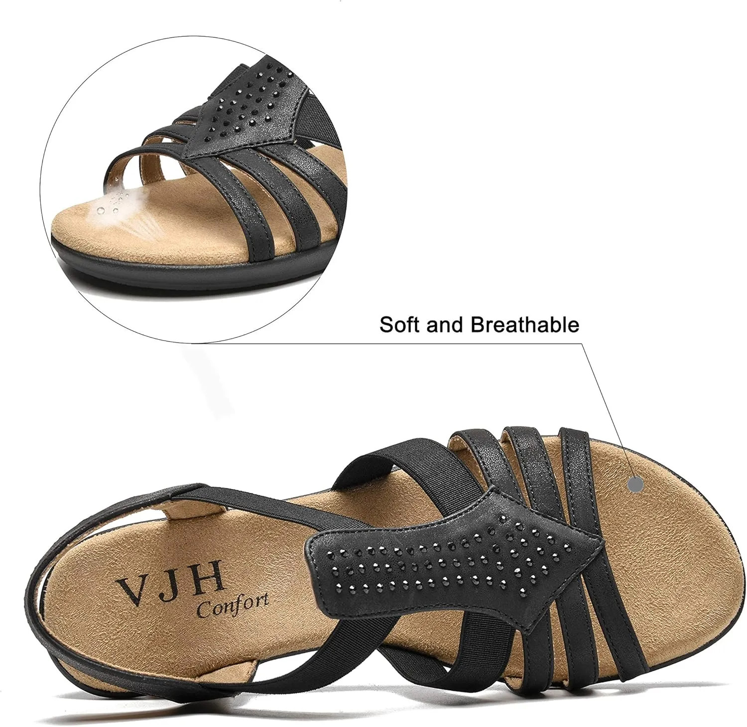 VJH confort Women's Flat Sandals, Comfort Elastic Slip-on Light Weight Slingback Casual Walking Sandals with Rhinestone