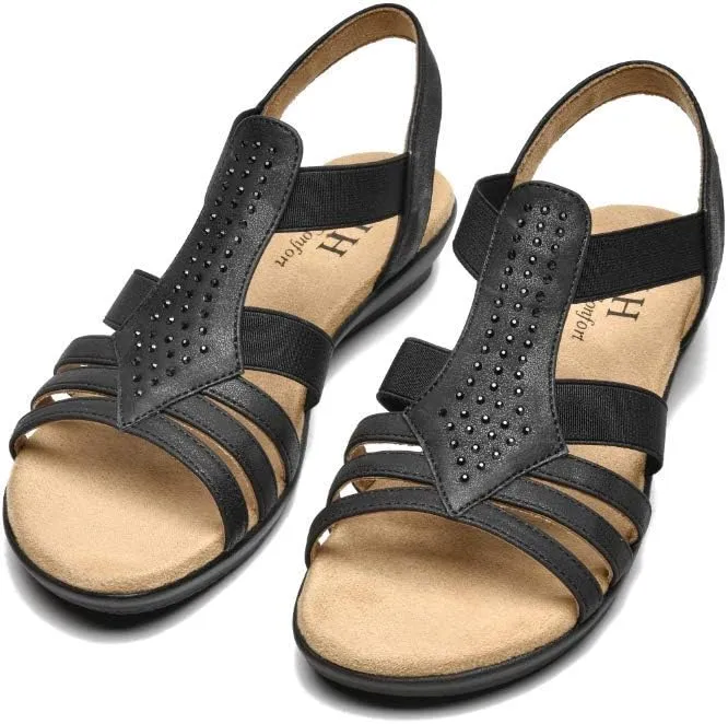 VJH confort Women's Flat Sandals, Comfort Elastic Slip-on Light Weight Slingback Casual Walking Sandals with Rhinestone
