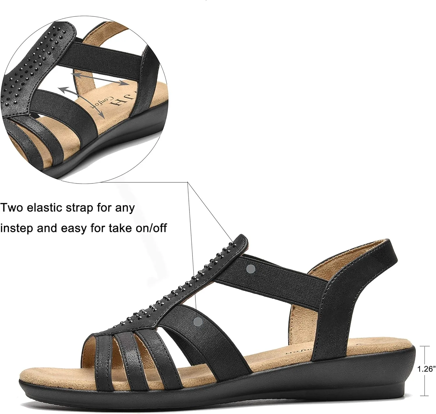 VJH confort Women's Flat Sandals, Comfort Elastic Slip-on Light Weight Slingback Casual Walking Sandals with Rhinestone