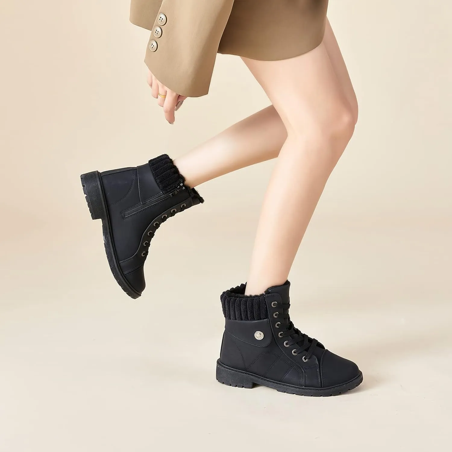 Waluzs Women's White & Black Ankle Combat Boots - Fuzzy Lace Up Snow Boots For Winter