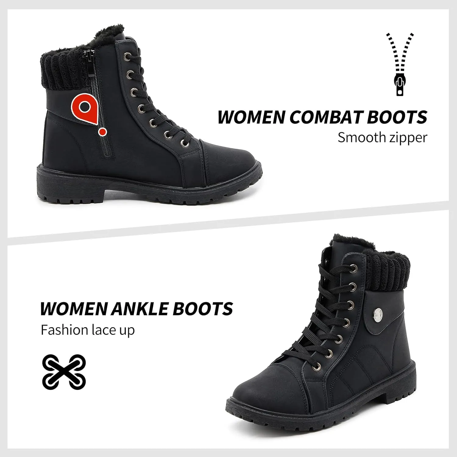 Waluzs Women's White & Black Ankle Combat Boots - Fuzzy Lace Up Snow Boots For Winter