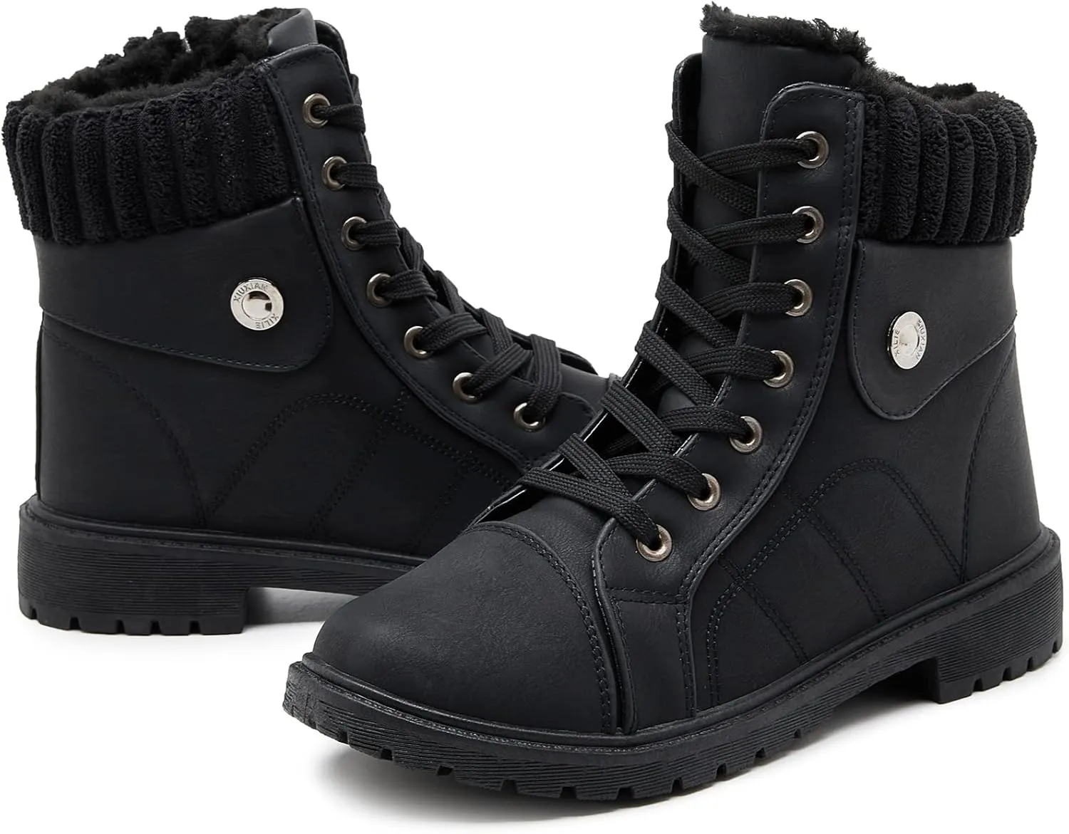 Waluzs Women's White & Black Ankle Combat Boots - Fuzzy Lace Up Snow Boots For Winter