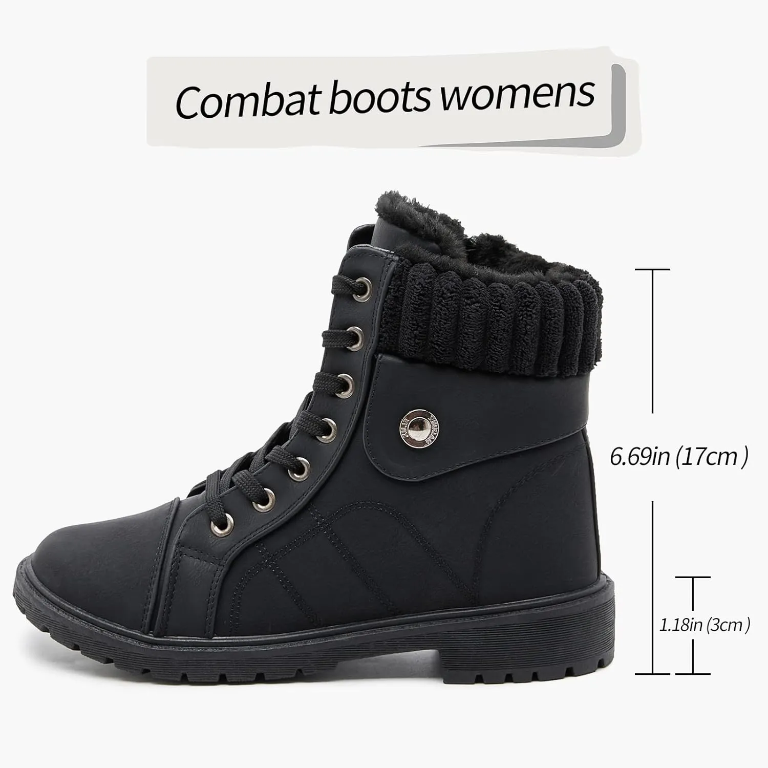 Waluzs Women's White & Black Ankle Combat Boots - Fuzzy Lace Up Snow Boots For Winter
