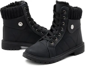 Waluzs Women's White & Black Ankle Combat Boots - Fuzzy Lace Up Snow Boots For Winter