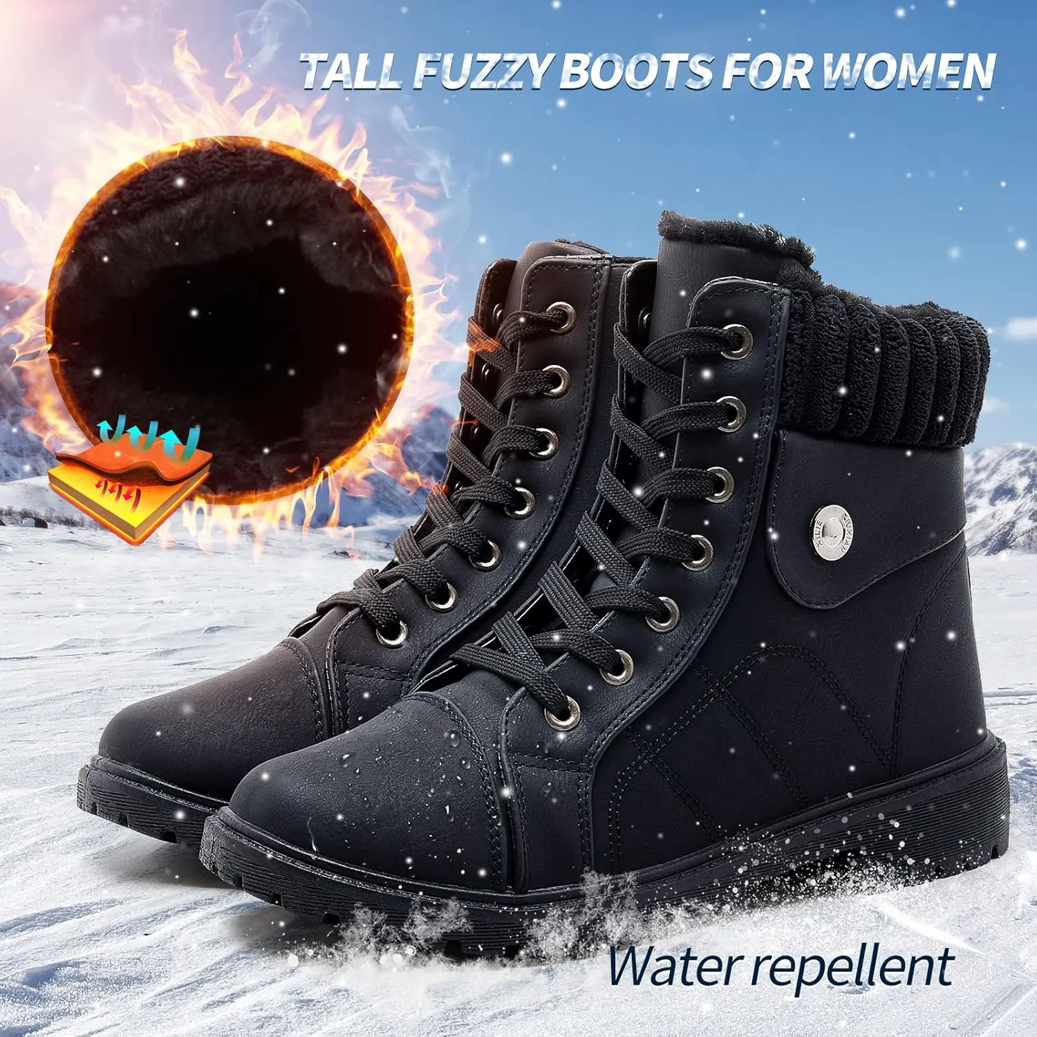 Waluzs Women's White & Black Ankle Combat Boots - Fuzzy Lace Up Snow Boots For Winter