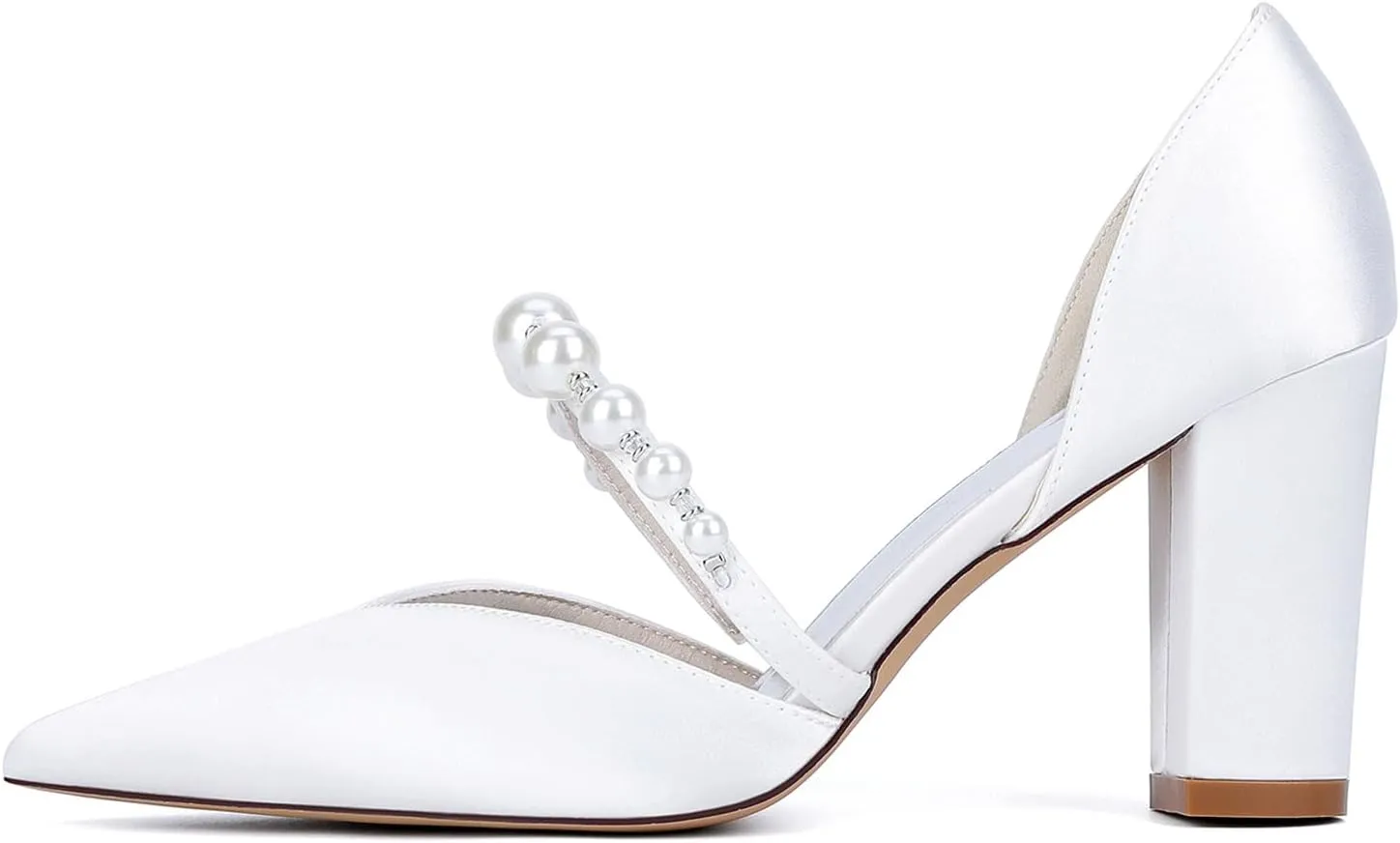 Wedding Women's Pointed 8.5CM Toe Ankle Strap Shoes for Bride Chunky Block Heel Satin Sandals Slip on Beaded Comfortable Dance Pumps