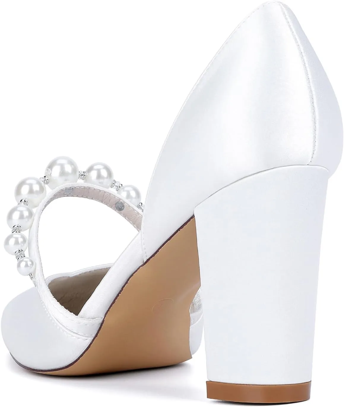 Wedding Women's Pointed 8.5CM Toe Ankle Strap Shoes for Bride Chunky Block Heel Satin Sandals Slip on Beaded Comfortable Dance Pumps