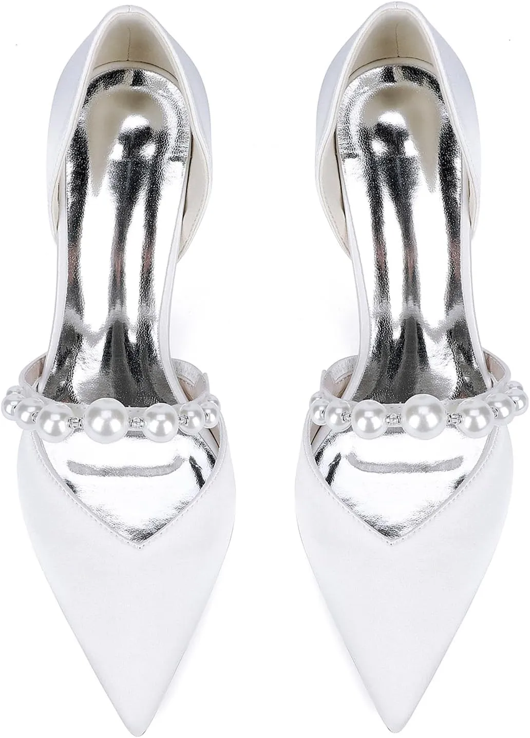 Wedding Women's Pointed 8.5CM Toe Ankle Strap Shoes for Bride Chunky Block Heel Satin Sandals Slip on Beaded Comfortable Dance Pumps