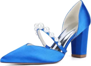 Wedding Women's Pointed 8.5CM Toe Ankle Strap Shoes for Bride Chunky Block Heel Satin Sandals Slip on Beaded Comfortable Dance Pumps