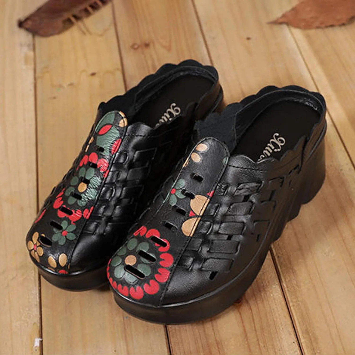Wedge Mule Clogs for Women Genuine Leather Braided Cutout Comfortable Closed Toe Summer Hollow Out Platform Half Retro Mam Slippers for Party Work Walking