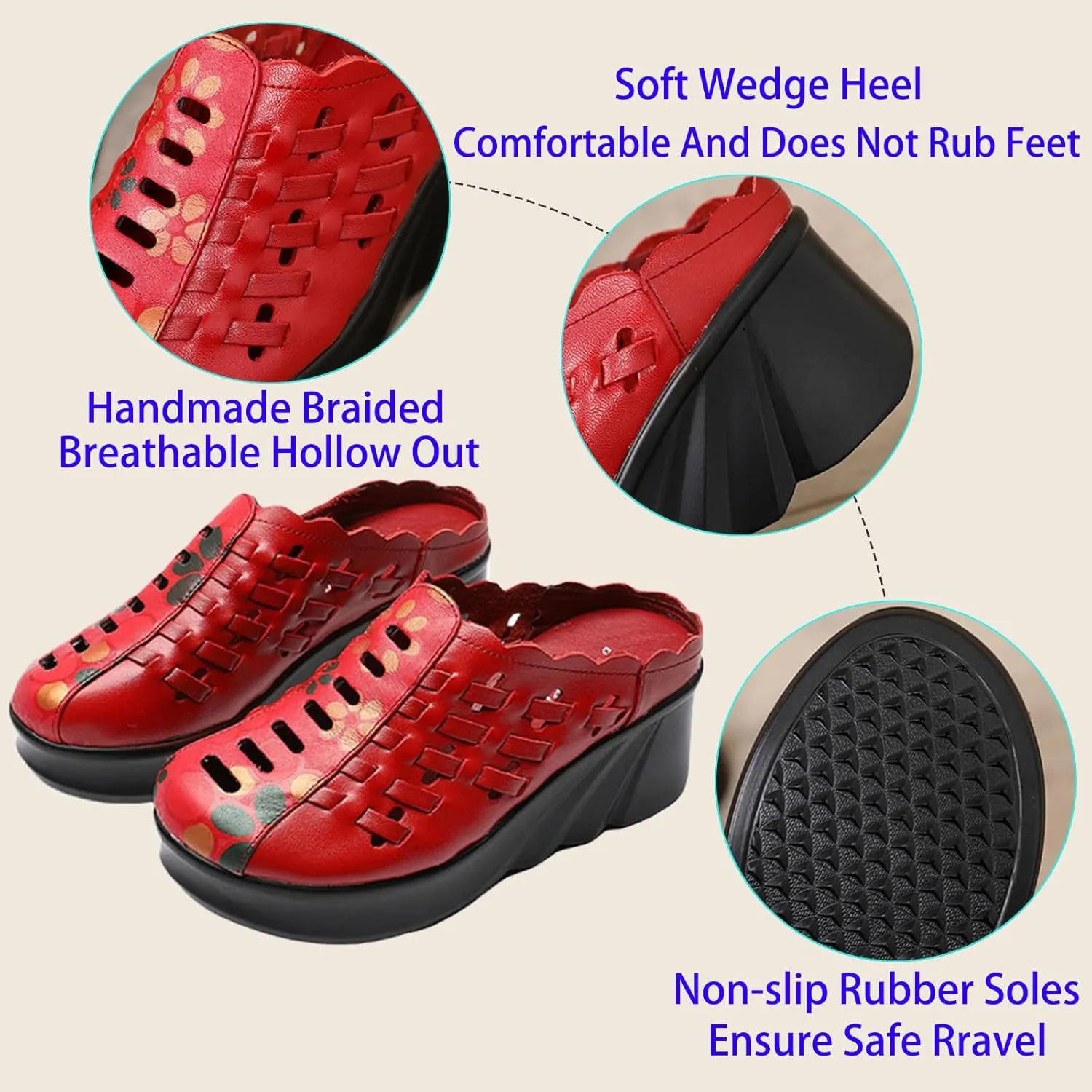 Wedge Mule Clogs for Women Genuine Leather Braided Cutout Comfortable Closed Toe Summer Hollow Out Platform Half Retro Mam Slippers for Party Work Walking