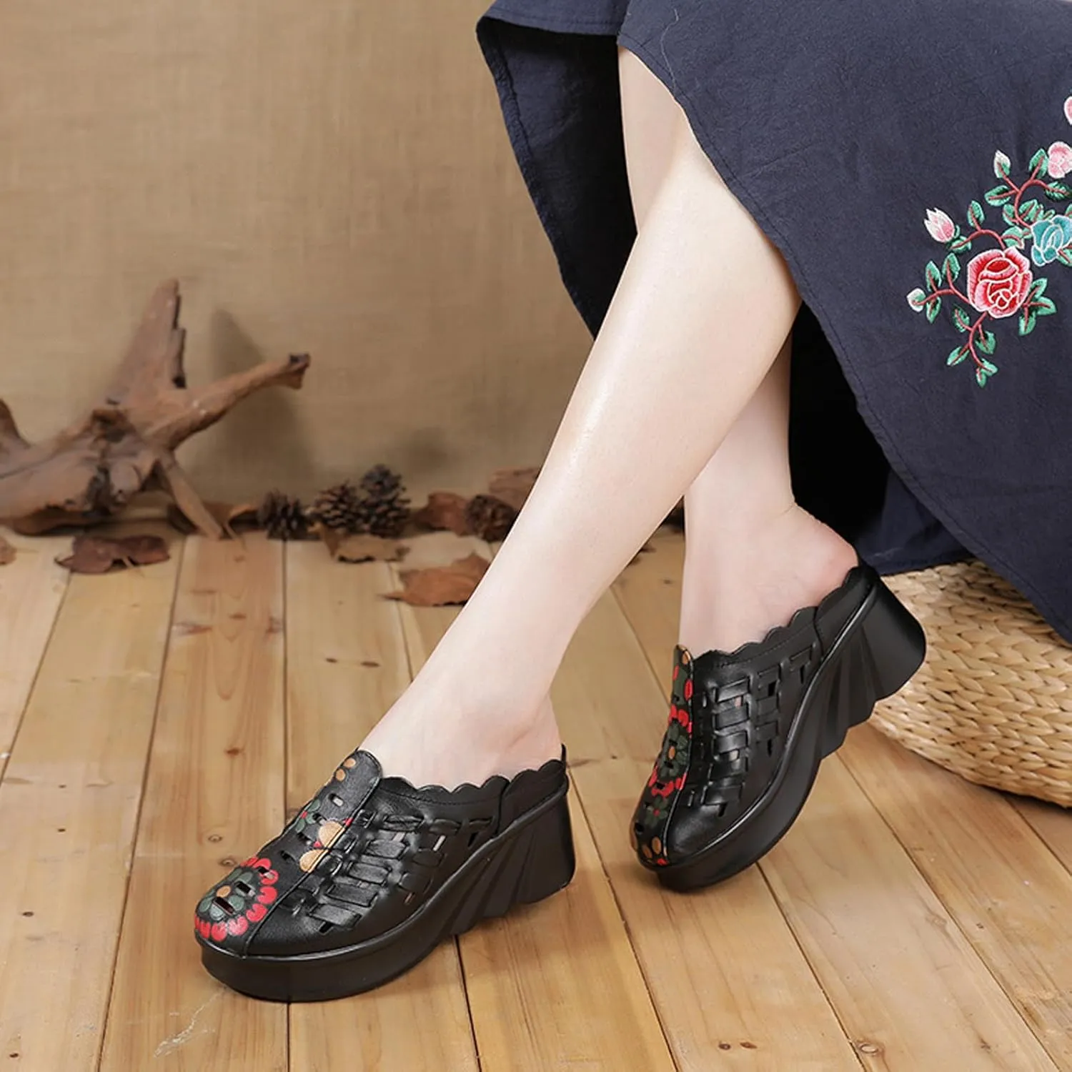 Wedge Mule Clogs for Women Genuine Leather Braided Cutout Comfortable Closed Toe Summer Hollow Out Platform Half Retro Mam Slippers for Party Work Walking