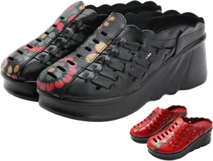 Wedge Mule Clogs for Women Genuine Leather Braided Cutout Comfortable Closed Toe Summer Hollow Out Platform Half Retro Mam Slippers for Party Work Walking