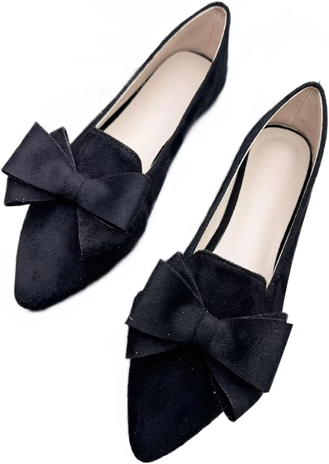 WENJIAZHIZHI Women's Pointed Toe Suede Bow Loafers Comfortable Ballet Flats Soft Office Lady Shoes Low-Heel Walking Slip-ons