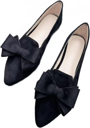 WENJIAZHIZHI Women's Pointed Toe Suede Bow Loafers Comfortable Ballet Flats Soft Office Lady Shoes Low-Heel Walking Slip-ons