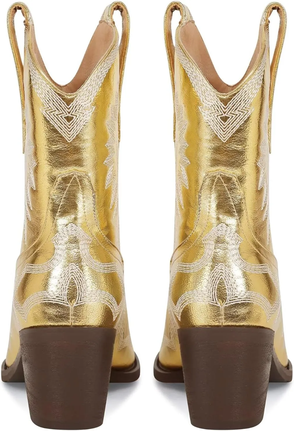 Western Boots for Women Metallic Embroidered Pointed Toe Cowgirl Boots Chunky Heel Pull-On Short Cowboy Boots Wide Calf Country Ankle Boots